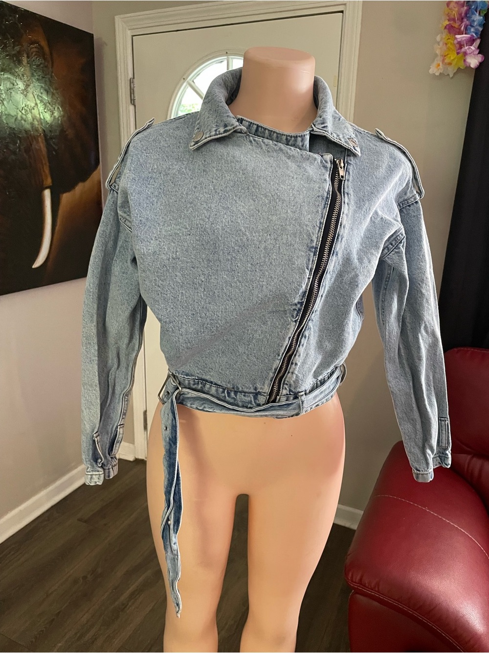 Planet Heart moto denim jean jacket light blue small biker juniors top full zip